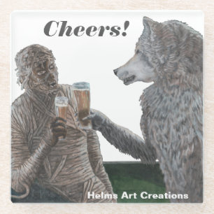 Mummy & Werewolf Drinking Beer Art Glass Coaster