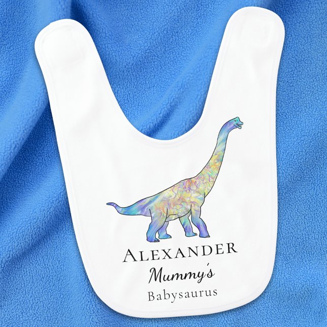 Mummys Babysaurus Dinosaur Personalized Boy Baby Bib (Dinosaur personalized boys mummys babysaurus baby bib Cute colorful brachiosaurus dino art)