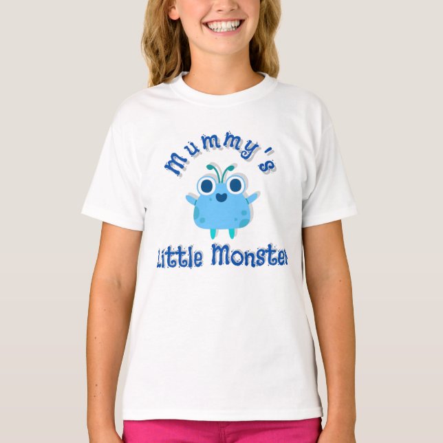 'Mummy's Little Monster' Blue text & Cute Monster T-Shirt (Front)