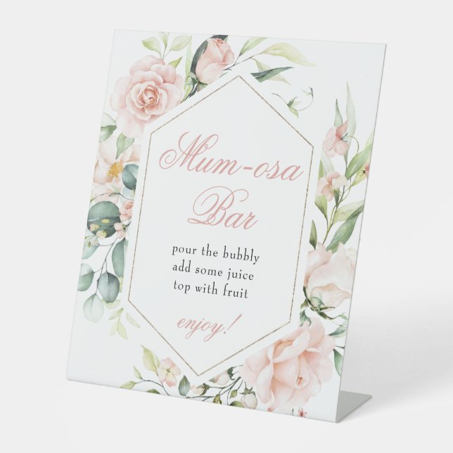 Mumosa Momosa Bar Blush Pink Roses Eucalyptus Girl Pedestal Sign (Front)