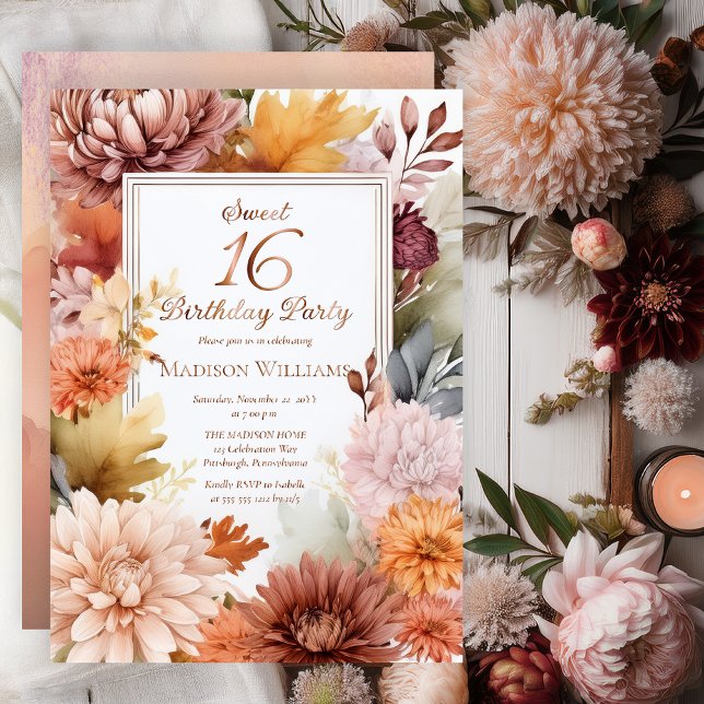 Mums | Peonies Floral Sweet 16 Birthday Party Foil Invitation (Elegant Boho Chrysanthemums and Peonies Floral Sweet 16 Birthday Party Invitation - Rose Gold Foil)