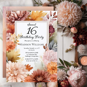 Mums Peonies Floral Sweet 16 Birthday Party Invitation