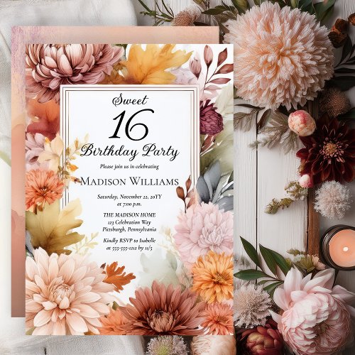 Mums | Peonies Floral Sweet 16 Birthday Party Invitation