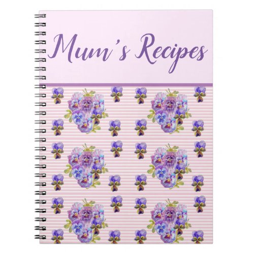 Mums Recipes Pansy Shabby Purple Floral Flower Notebook