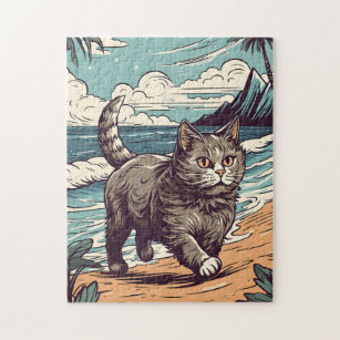 Munchkin-Cat at a tropical beach during sunset Jigsaw Puzzle