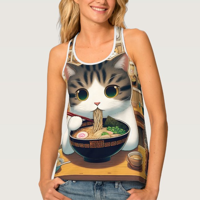Munchkin Cat Eating Ramen Tank Top (Front)