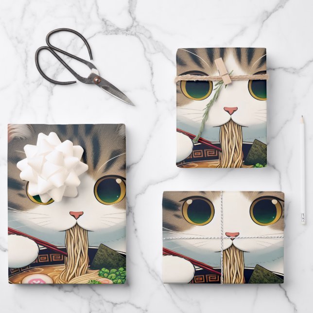 Munchkin Cat Eating Ramen Wrapping Paper Sheets (Front)