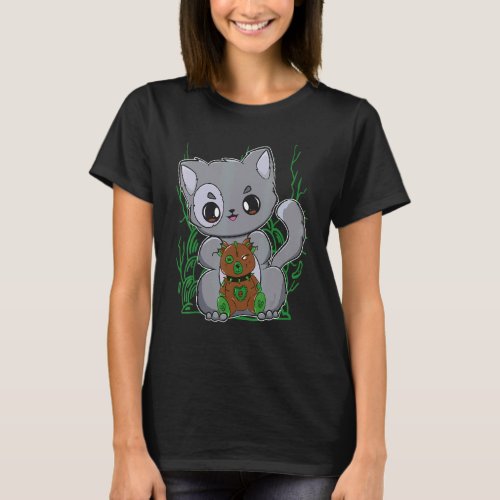 Munchkin Cat With Goth Teddy Bear For Cute Horror  T_Shirt