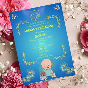 Mundan Ceremony Ganesha Logo Blue Golden Butterfly Invitation