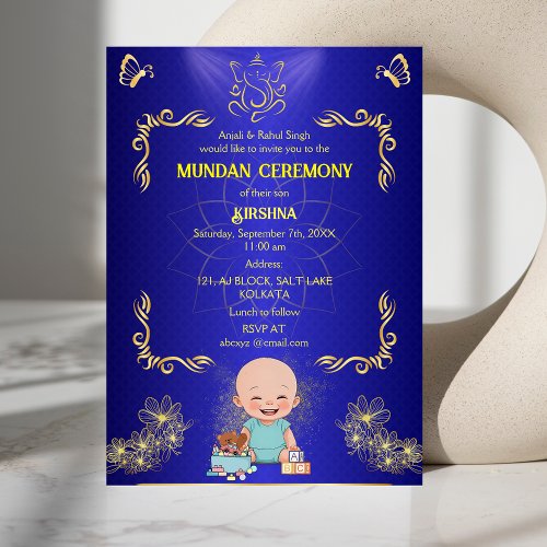 Mundan Ceremony Ganesha Logo Blue Golden Butterfly Invitation