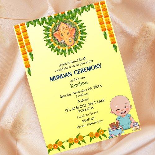 Mundan Ceremony Ganesha Logo Minimal Floral Invitation