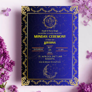 Mundan Ceremony Ganesha logo Royal Golden & Blue Invitation