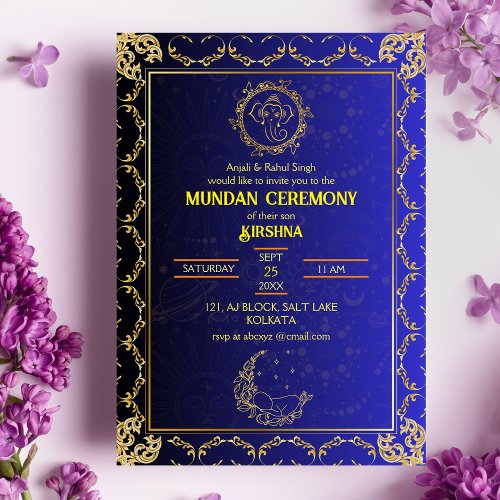 Mundan Ceremony Ganesha logo Royal Golden  Blue Invitation