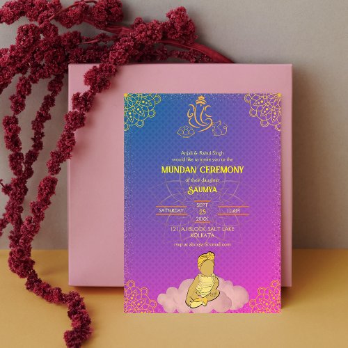 Mundan Ceremony Ganesha logo Royal Golden  Pink Invitation