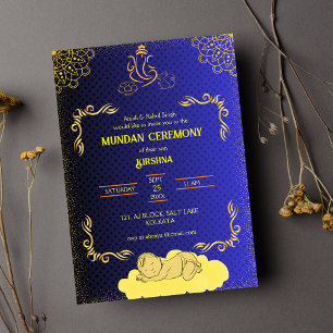 Mundan Ceremony Ganesha logo Royal Golden & Teal Invitation