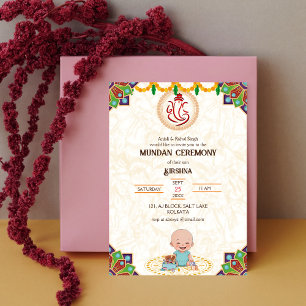 Mundan Ceremony Ganesha logo Royal Golden & Teal Invitation