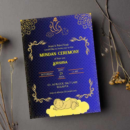 Mundan Ceremony Ganesha logo Royal Golden  Teal Invitation