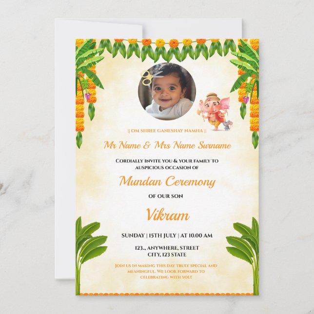 Mundan ( Hair Cutting) Ceremony Invitation Card (Front)