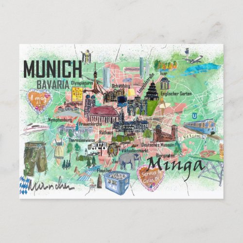 Munich Bavaria Germany Illustrated Travel Map  Postcard