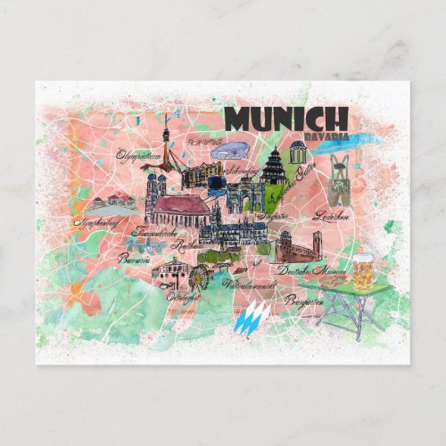 Munich Bavaria Illustrated Travel Map Postcard