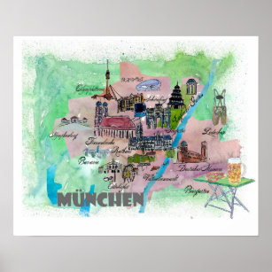 Munich Bavaria Retro Map with touristic highlights Poster