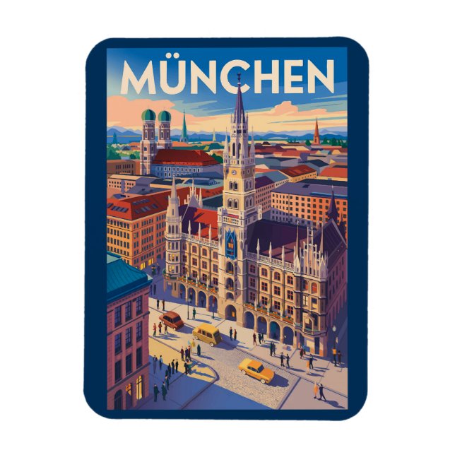 Munich Germany Illustration Travel Art Vintage Magnet (Vertical)