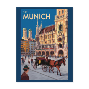 Munich Germany Marienplatz Travel Art Vintage Postcard