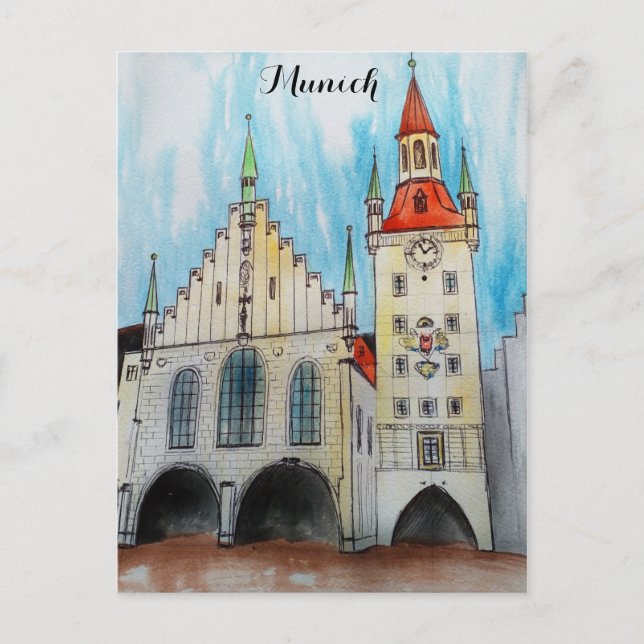 Munich Germany Old Town Hall Watercolor Postcard (Front)