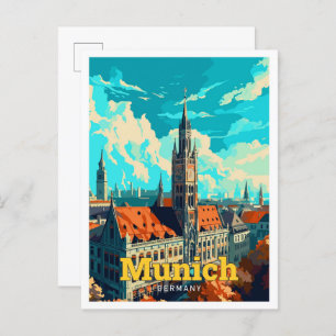 Munich Germany Travel Art Vintage Illustration Postcard