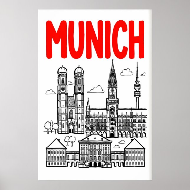 Munich Skyline Poster, Red Title, Black Outline Poster (Front)