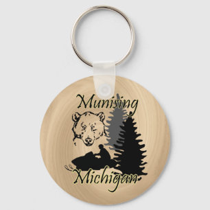 Munising Michigan Snowmobile Bear Wood Look Keychain