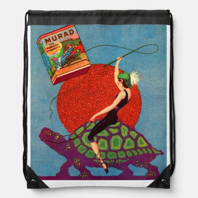 Murad cigarettes lady riding giant tortoise drawstring bag (Front)