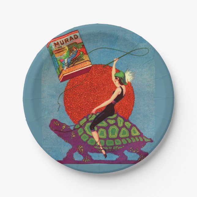 Murad cigarettes lady riding giant tortoise paper plates (Front)