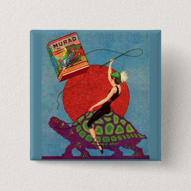 Murad cigarettes lady riding giant tortoise pinback button (Front)