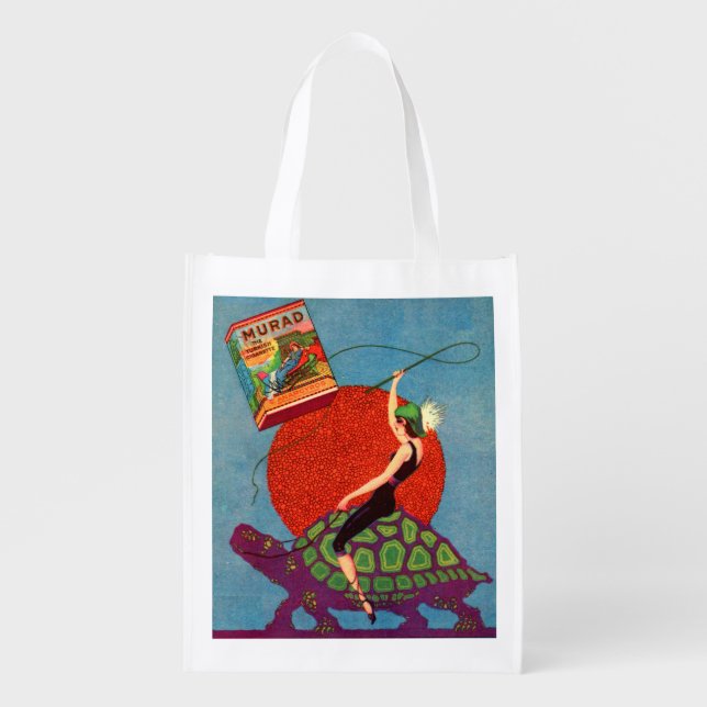 Murad cigarettes lady riding giant tortoise reusable grocery bag (Front)