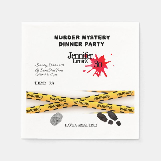 Murder mystery birthday dinner party crime scene   napkins (Front)