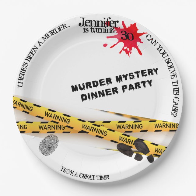 Murder mystery birthday dinner party crime scene  paper plates (Front)