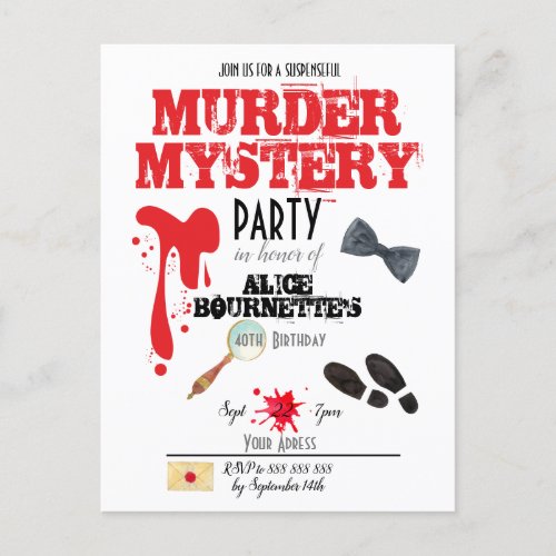 Murder Mystery Birthday Party  Invitation Postcard