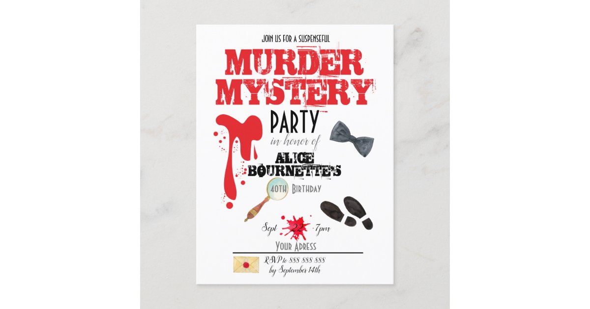 Murder Mystery Birthday Party Invitation Postcard | Zazzle