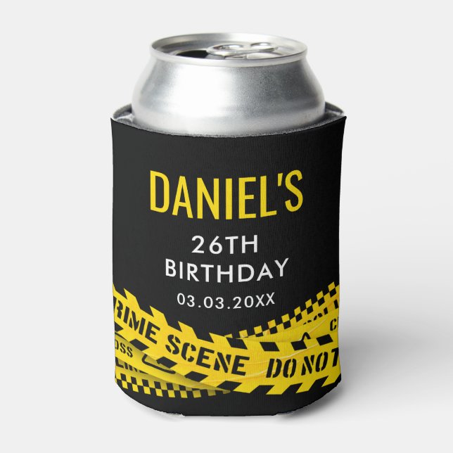 Murder Mystery Birthday Party Yellow Police Tape Can Cooler (Can Front)