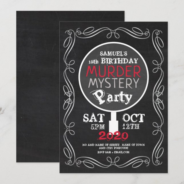 Murder Mystery, Chalkboard Birthday Party Invitation (Front/Back)
