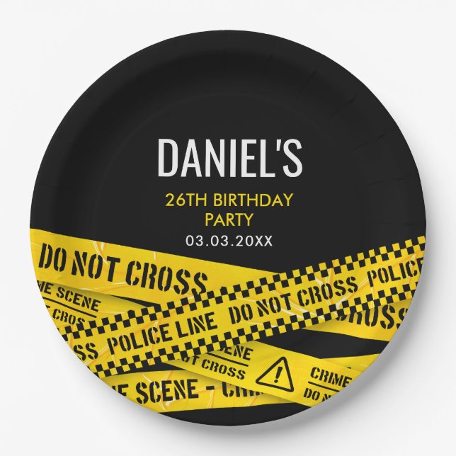 Murder Mystery Dinner Party Yellow Police Line Paper Plates (Front)