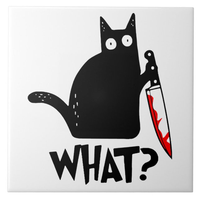 Murderous Cat With Knife Ceramic Tile (Front)