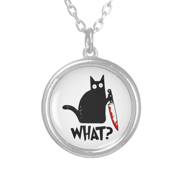 Murderous Cat With Knife Silver Plated Necklace (Front)
