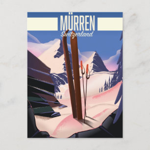 Murren Switzerland ski poster art print. Announcement Postcard