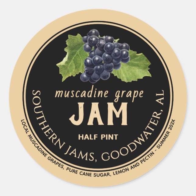 Muscadine Grape Jam Label Kraft on Black (Front)