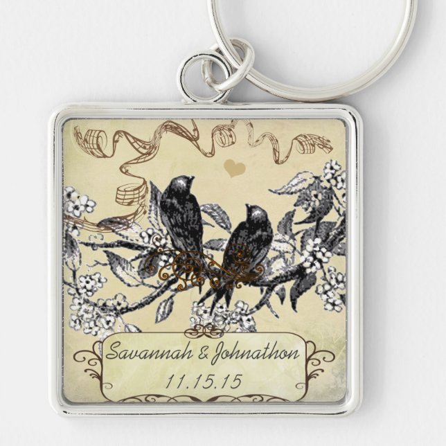 Muscial Vintage Bird Blooms Parchment Key Chain (Front)