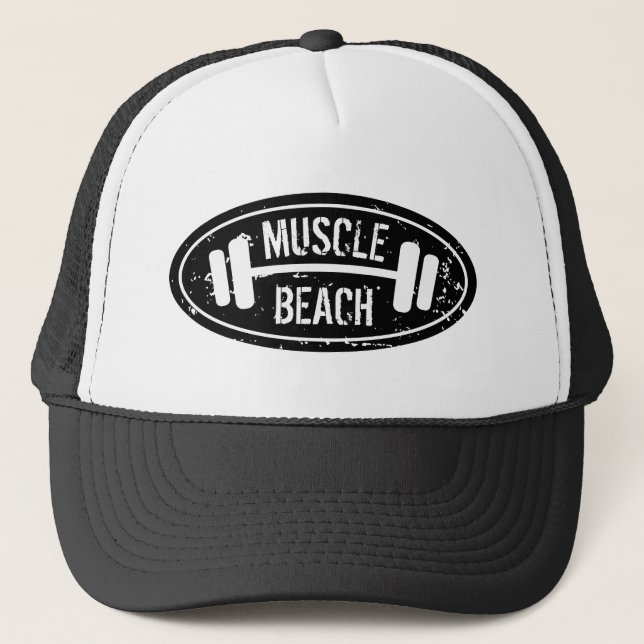 Muscle Beach trucker hat with dumbbell logo (Front)