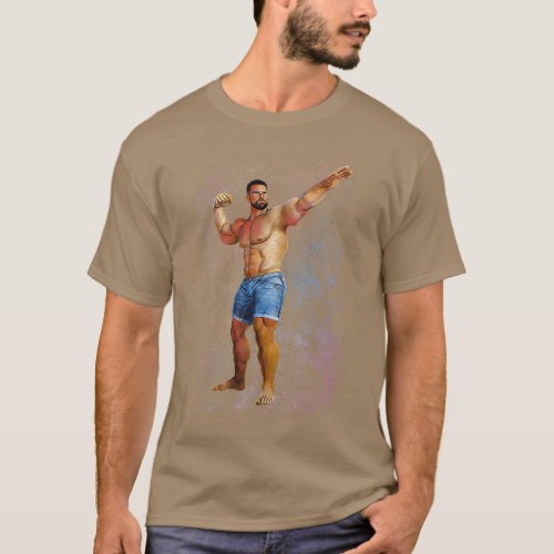 Muscle Beard Daddy in Jeans Shorts Power Pose Spac T_Shirt