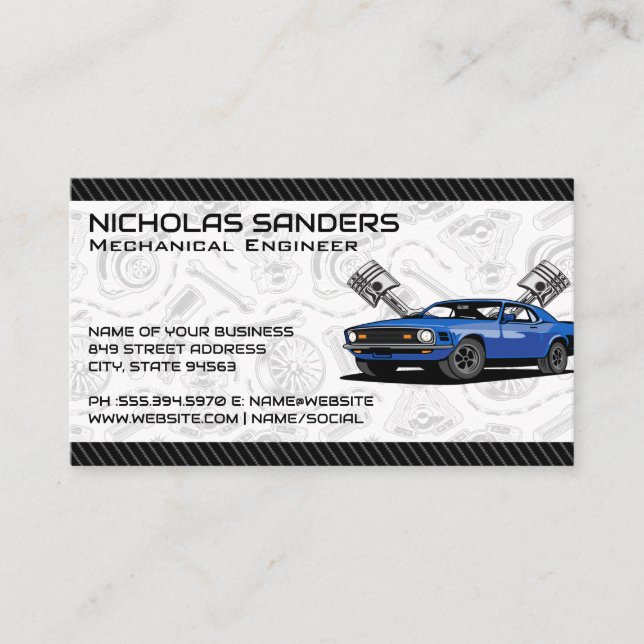 Muscle Car | Auto Parts Pattern Business Card (Front)